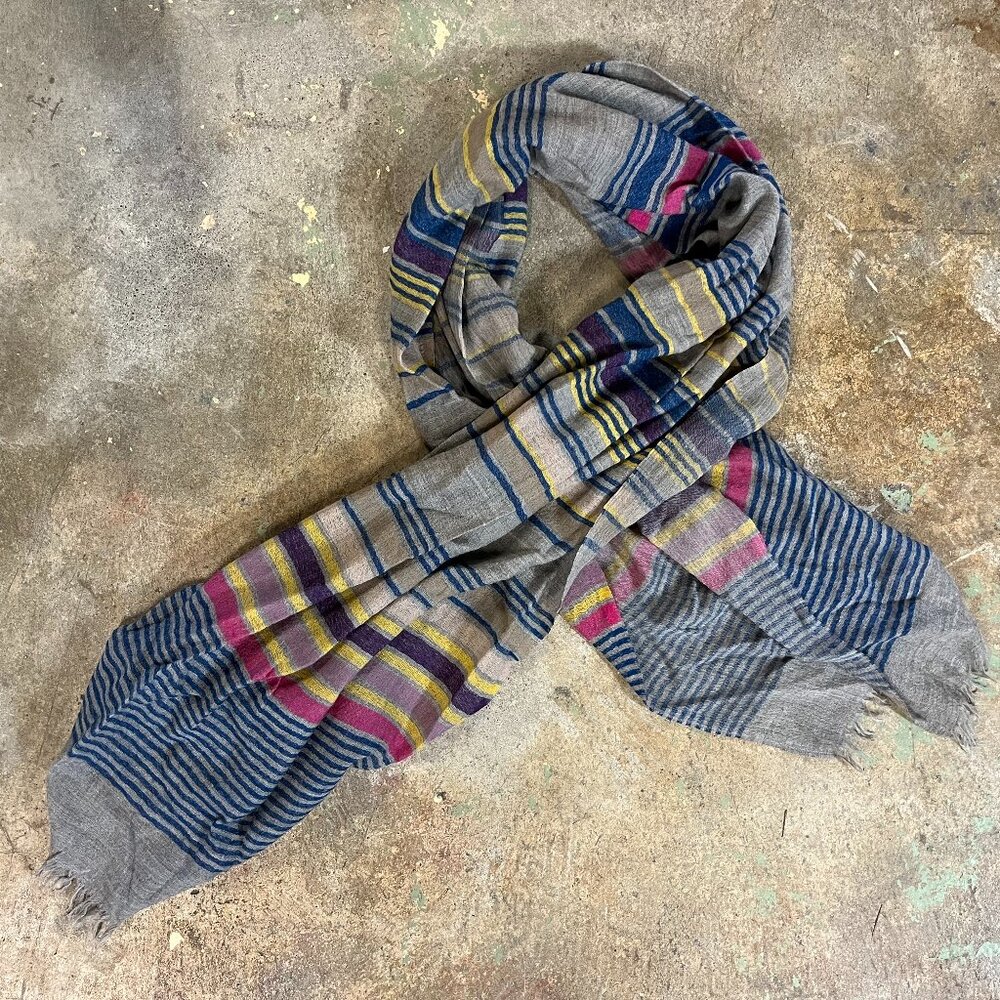 Striped Lightweight Woven Wool Scarf with Fringe